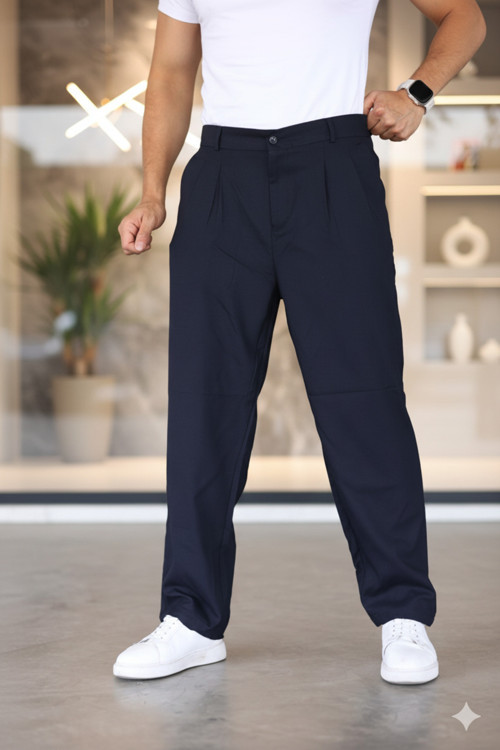 Baggy Çift Pileli Lacivert Renk Beli Lastikli Kaliteli Rahat Kesim Klasik Bol Paça Baggy Pantolon