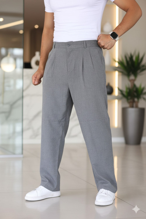Çift Pileli Okul Grisi Renk Beli Lastikli Kaliteli Rahat Kesim Klasik Bol Paça Baggy Pantolon