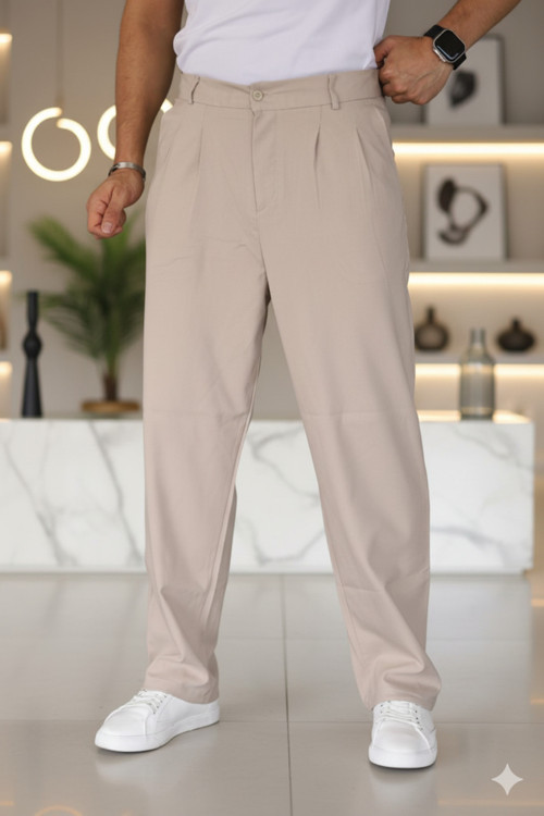 Baggy Çift Pileli Krem Renk Beli Lastikli Kaliteli Rahat Kesim Klasik Bol Paça Baggy Pantolon