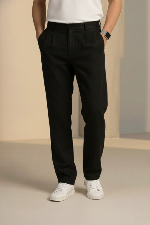 Çift Pileli Siyah Beli Yarım Lastikli Kaliteli Keten Görünümlü Baggy Pantolon