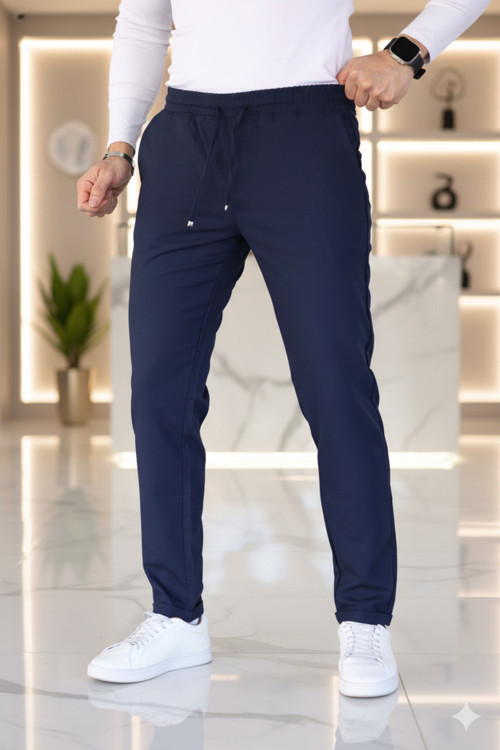 Lacivert Beli Lastikli Bağcıklı Jogger Pantolon