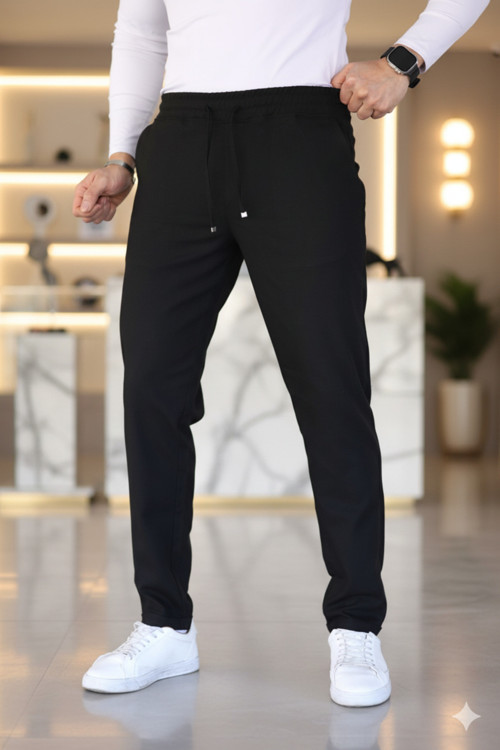 Siyah Beli Lastikli Bağcıklı Jogger Pantolon