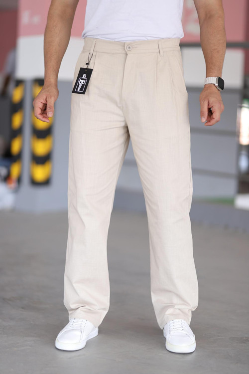 Çift Pileli Bej Renk Beli Yarım Lastikli Kaliteli Rahat Kesim Keten Baggy Pantolon