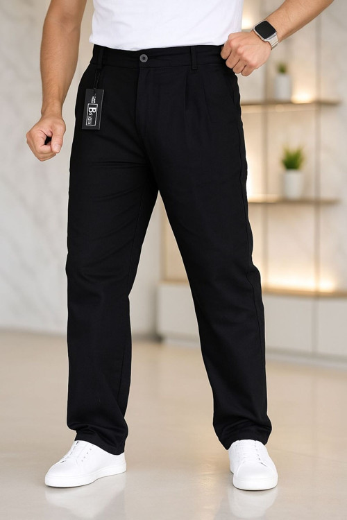 Çift Pileli Siyah Beli Yarım Lastikli Keten Baggy Pantolon