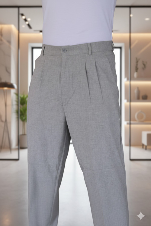 Baggy Çift Pileli Gri Renk Beli Lastikli Kaliteli Rahat Kesim Klasik Bol Paça Baggy Pantolon