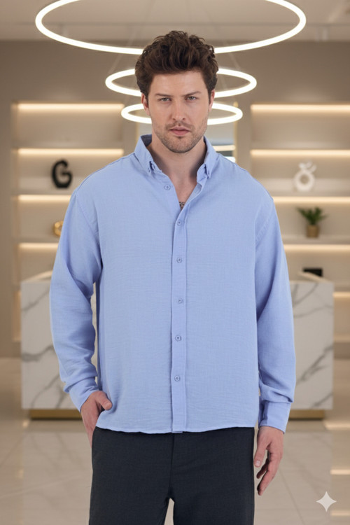 Yazlık Dokulu Buz Mavisi Yarım Oversize Erkek Keten Gömlek