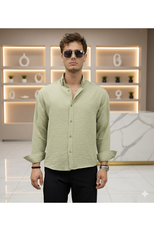 Yazlık Dokulu Yeşil Yarım Oversize Erkek Keten Gömlek