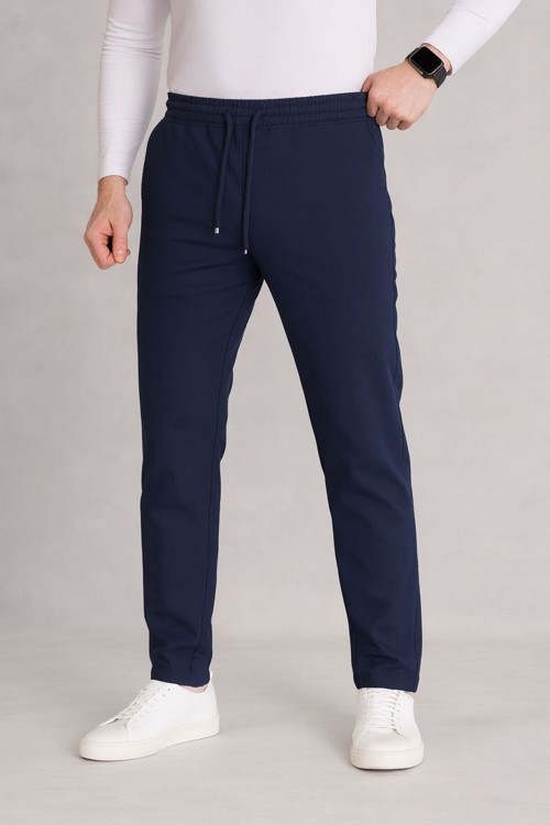 Erkek Lacivert Beli Lastikli Bağcıklı Duble Paça Jogger Pantolon