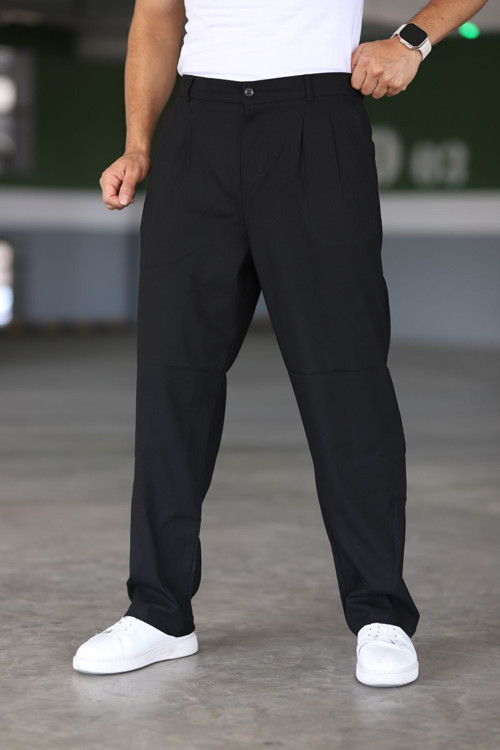 Baggy Çift Pileli Siyah Renk Beli Lastikli Kaliteli Rahat Kesim Klasik Bol Paça Baggy Pantolon