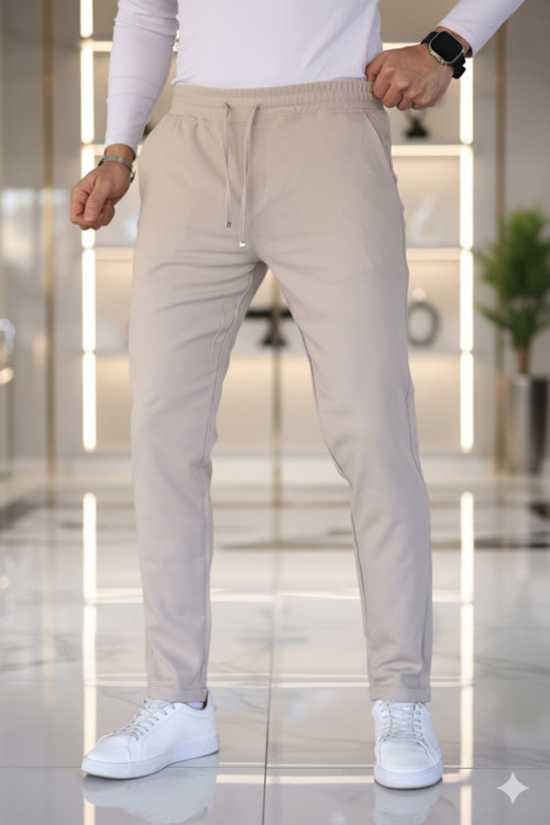 Bej Beli Lastikli Bağcıklı Jogger Pantolon