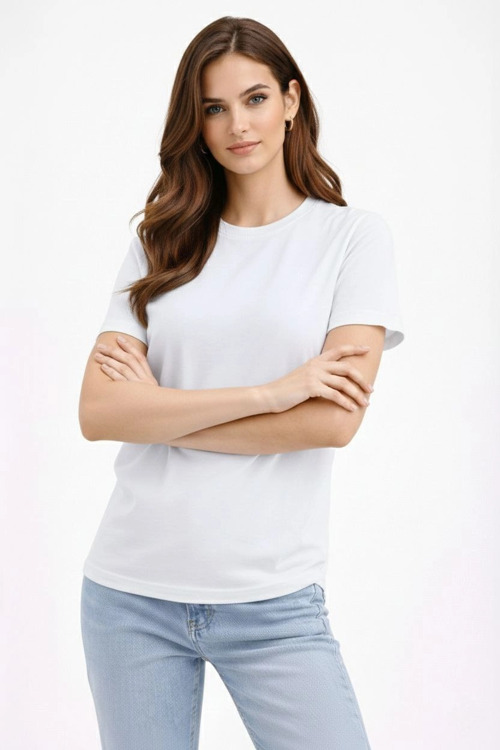 Kadın Bisiklet Yaka Tişört Regular Kalıp Basic Pamuklu Günlük Kullanım T-shirt - Beyaz