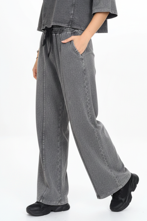 Kız Çocuk İki İp Kumaş Yıkamalı Bisiklet Yaka Kısa Kollu Eşofman Takımı