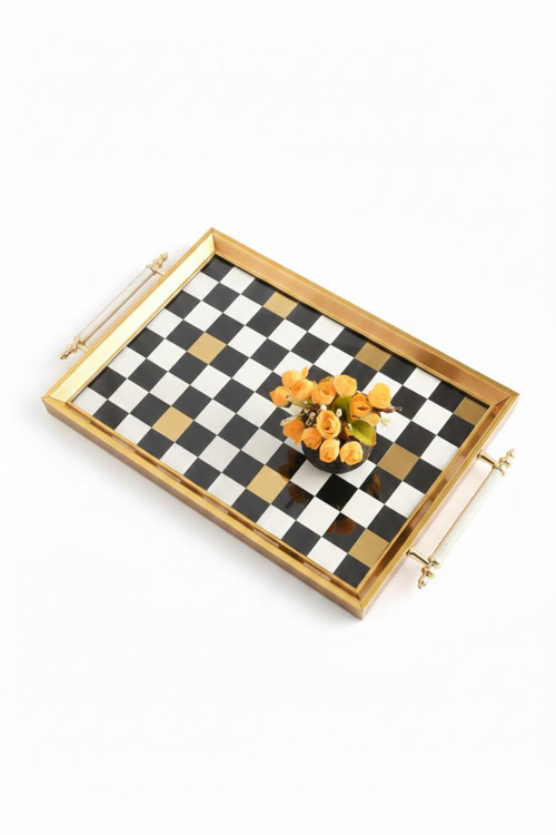Dijital Baskılı Cam Servis Tepsisi – Dama Motifli, Metal Kulplu 46x28 cm