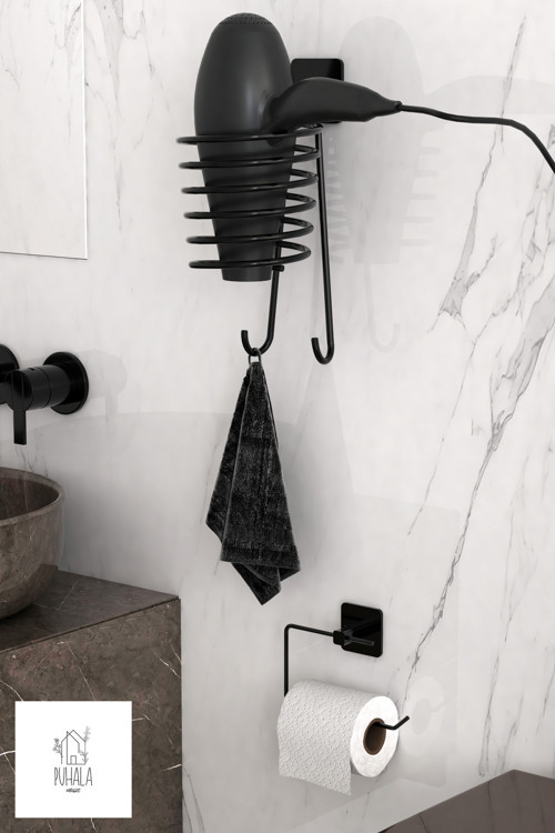 Siyah Yapışkanlı Fön Makinesi Askısı Tuvalet Kağıdı Askısı Fönlük Tuvalet Kağıtlık