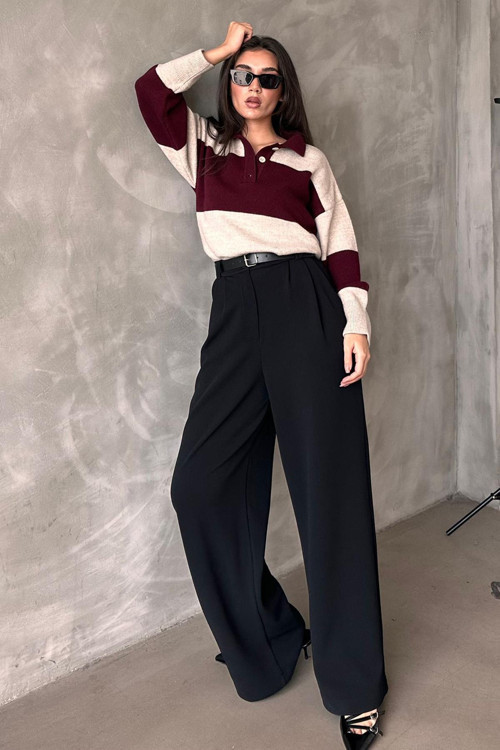 Siyah Çift Pileli Kemerli Pantolon Mg2330