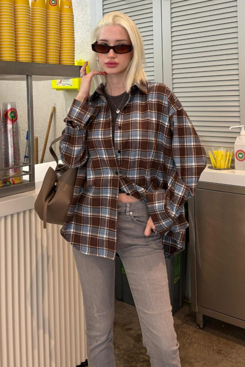Bebe Mavisi Oversize Ekose Desenli Kadın Gömlek MG2589
