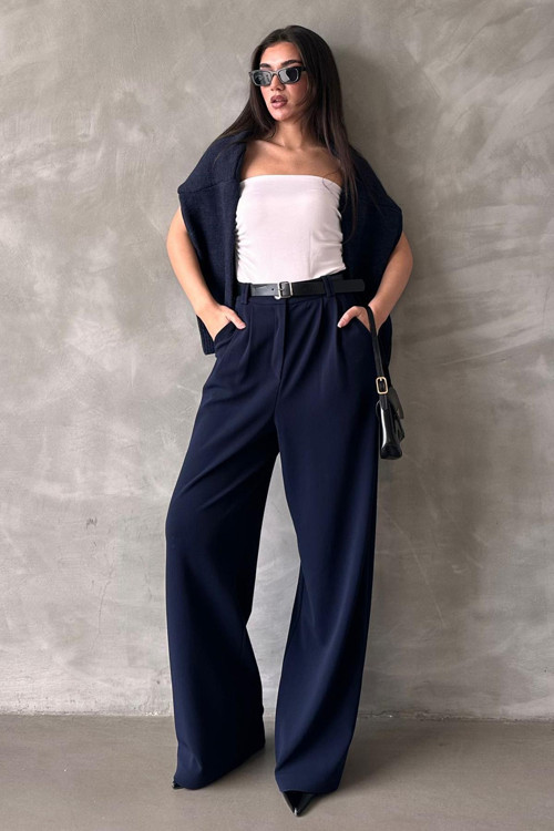 Lacivert Çift Pileli Kemerli Pantolon Mg2330