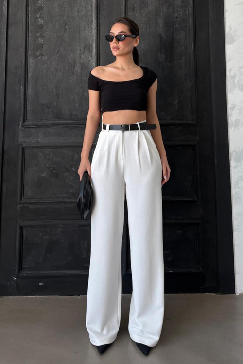 Beyaz Çift Pileli Kemerli Pantolon Mg2330