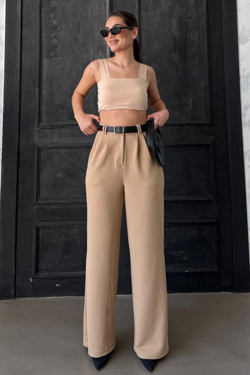 Bej Çift Pileli Kemerli Pantolon Mg2330