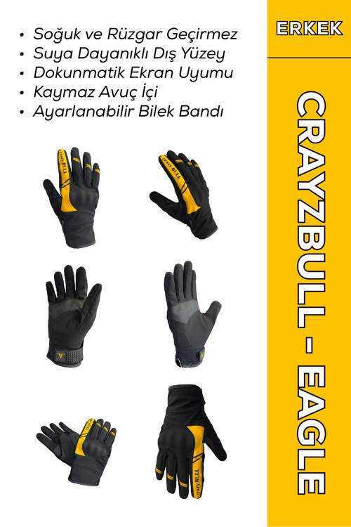 Crazybull Eagle Sarı Suya Ve Rüzgara Dayanıklı Kışlık Erkek Motosiklet Eldiveni + Buff Hediyeli