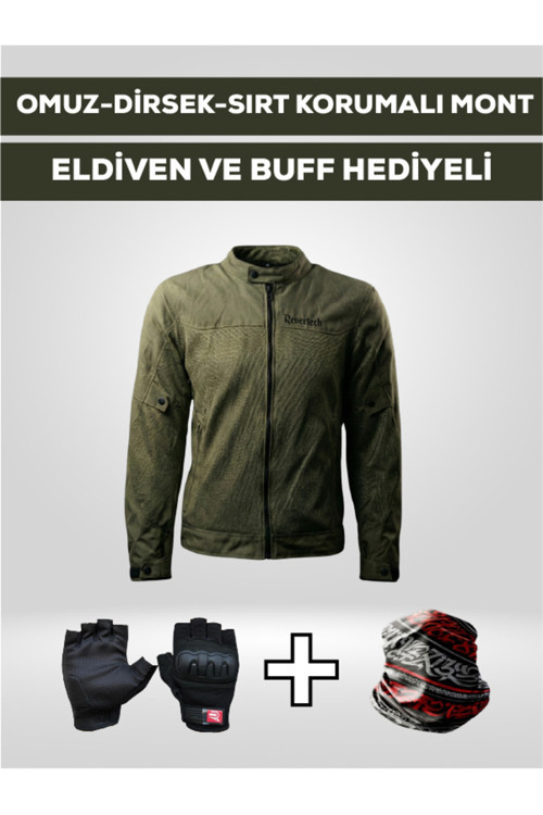 Revertech Aura Yeşil / Bel, Dirsek Ve Sırt Korumalı Motosiklet Montu + Eldiven Ve Buff Hediyeli