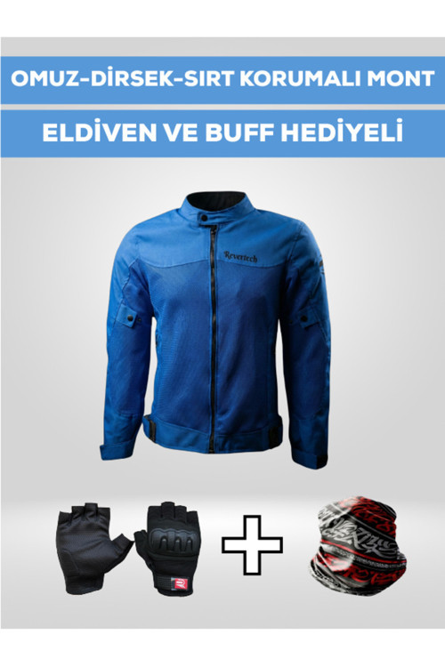 Revertech Aura Mavi / Bel, Dirsek Ve Sırt Korumalı Motosiklet Montu + Eldiven Ve Buff Hediyeli