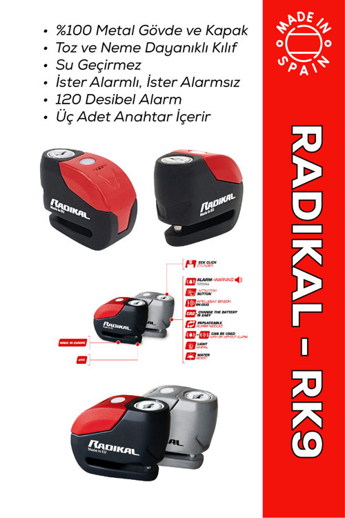 Rk9 Motosiklet Disk Kilit Alarmı 120Db Güçlendirilmiş Su Geçirmez Kilit + Buff Hediyeli