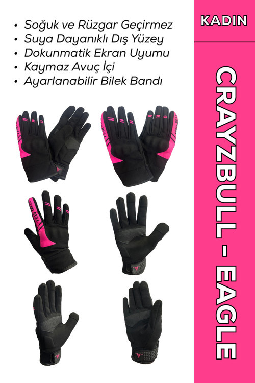 Crazybull Eagle Pembe Suya Ve Rüzgara Dayanıklı Kışlık Kadın Motosiklet Eldiveni + Buff Hediyeli