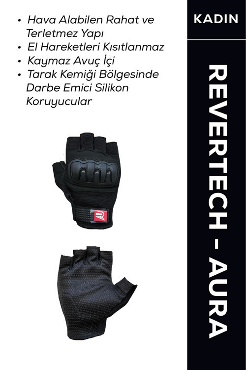 Revertech Aura Siyah / Yarım Parmak - Kaymaz Avuç İçi Kadın Motosiklet Eldiveni