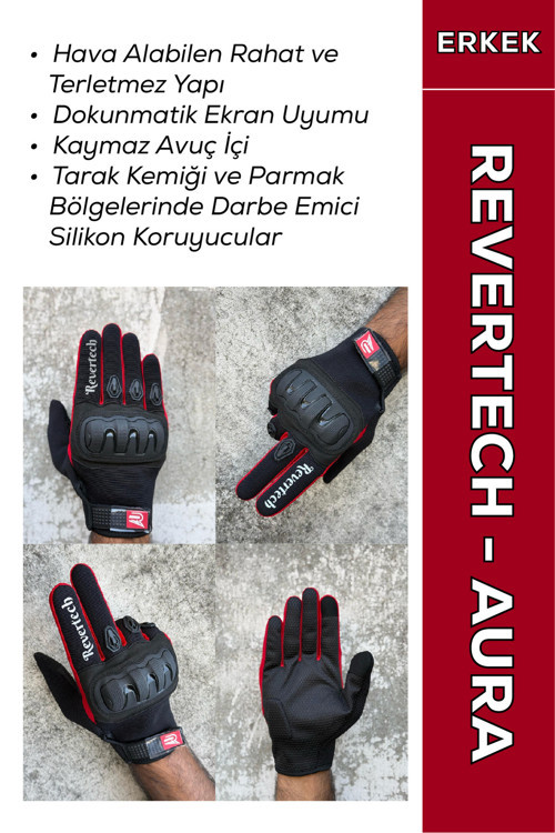 Revertech Aura Kırmızı - Dokunmatik Ekran Uyumlu Erkek Motosiklet Eldiveni + Buff Hediyeli