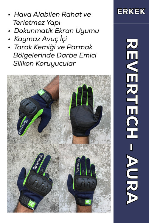 Revertech Aura Lacivert / Neon - Dokunmatik Ekran Uyumlu Erkek Motosiklet Eldiveni + Buff Hediyeli