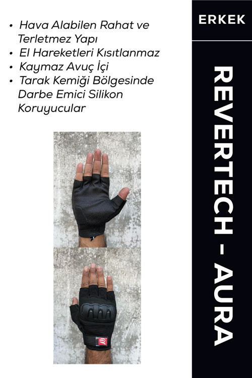 Revertech Aura Siyah / Yarım Parmak - Kaymaz Avuç İçi Özellikli Motosiklet Eldiveni (Erkek)