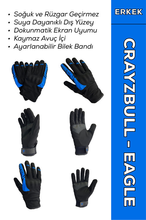 Crazybull Eagle Mavi / Suya Ve Rüzgara Dayanıklı Kışlık Erkek Motosiklet Eldiveni + Buff Hediyeli