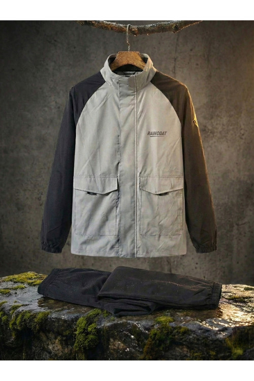 Beyaz-Siyah Suya Dayanıklı Alt Üst Motosiklet Yağmurluk Seti–Taşıma Kılıflı, Oxford Kumaş Membranlı