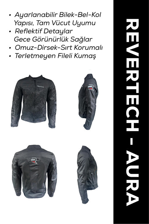 Revertech Aura Siyah / Bel, Dirsek Ve Sırt Korumalı Motosiklet Montu + Eldiven Ve Buff Hediyeli