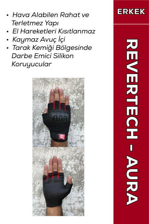 Revertech Aura Kırmızı / Yarım Parmak - Kaymaz Avuç İçi Özellikli Motosiklet Eldiveni (Erkek)