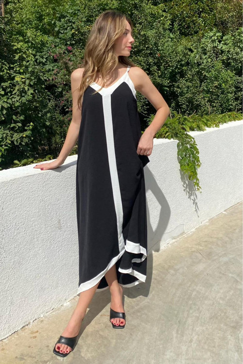 Siyah V Yaka Askılı Uzun Kadın Elbise MG2165