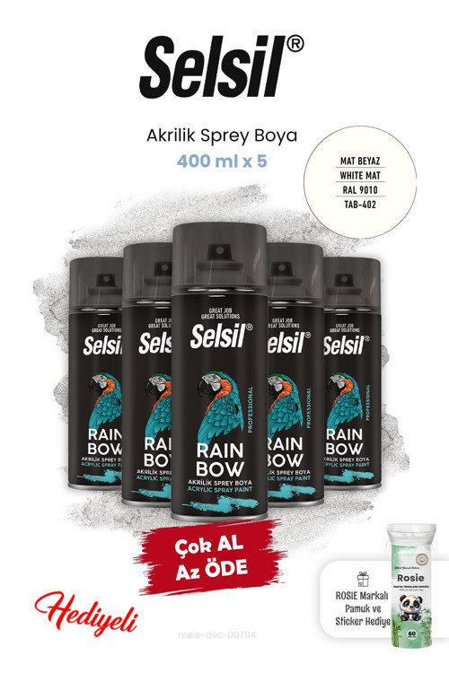 Mat Beyaz 400 ml x 5 Akrilik Sprey Boya ve Rosie