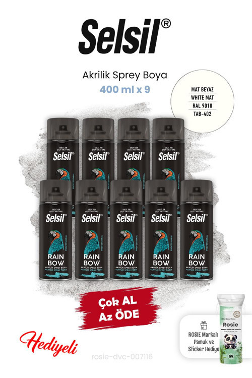 Akrilik Sprey Boya 400 ml x 9 Mat Beyaz ve Rosie