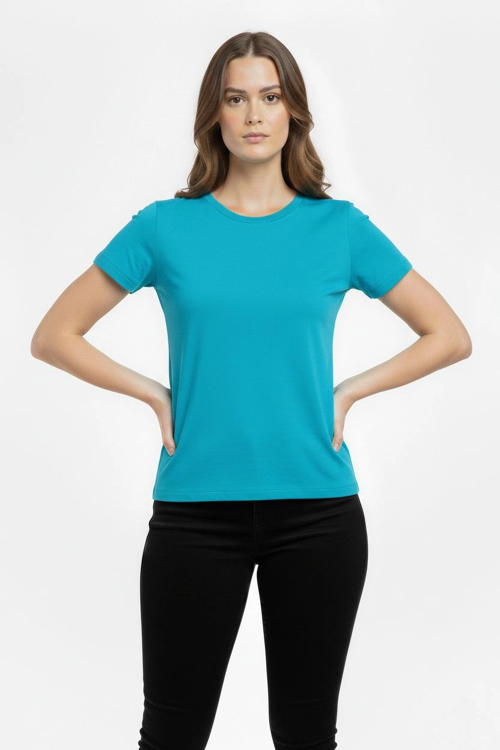 Kadın T-Shirt Bisiklet Yaka Slim Fit Likralı Tişört Günlük Basic Body - Turkuvaz