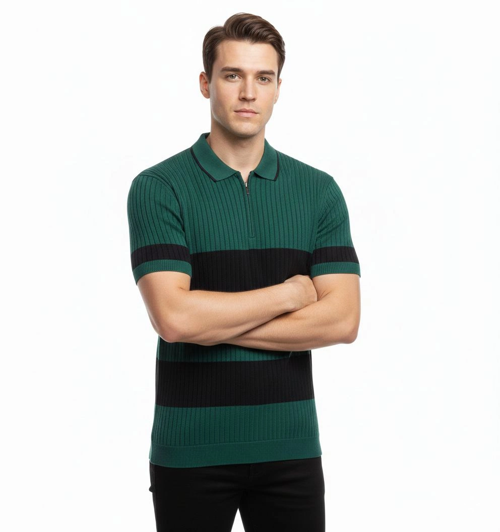 Erkek T-shirt Çizgili Triko Dokuma Kumaş Polo Yaka Yarım Fermuarlı Regular Kalıp Tişört - Çağla Yeşili