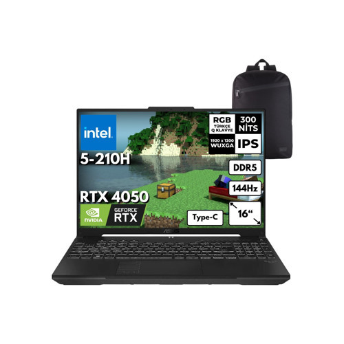 Tuf F16 Intel 5-210H 32-Gbddr5 1 Tbssd RTX4050 (6GB-140W) 16" Wuxga 144Hz Windows 11 Home + Sırt Çantası FX607VU-RL146HM