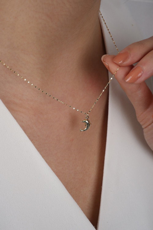 14 Ayar Altın Aynalı Zincir Yunus Balıklı Kolye