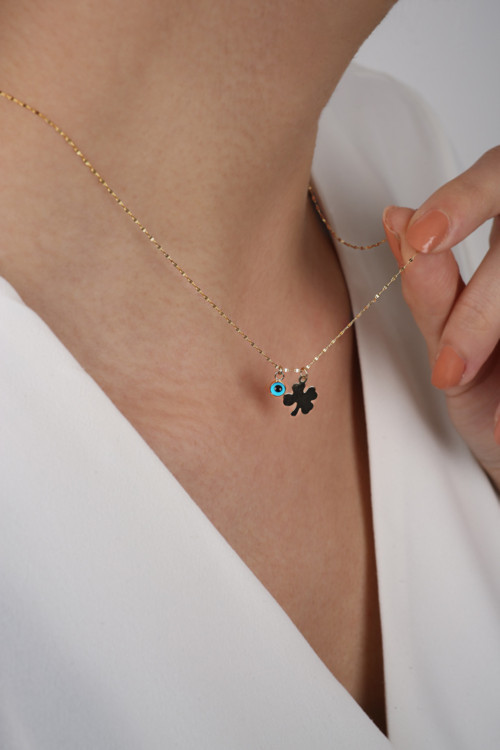 14 Ayar Altın Nazar Boncuklu Yonca Kolye