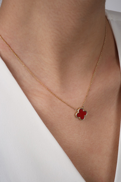 14 Ayar Altın Kırmızı Sedefli Yonca Kolye