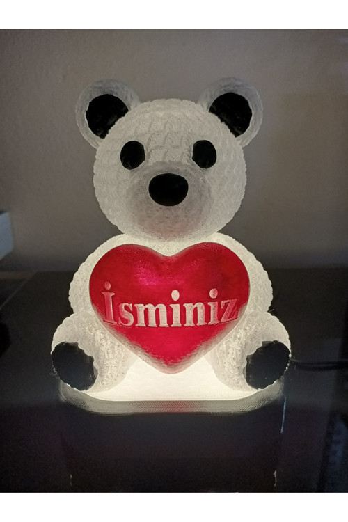Kişiye Özel Hediyelik Isimli Kalpli Ayıcık Figürlü Dekoratif Led Lamba - Adaptörlü - Günışığı Ledli