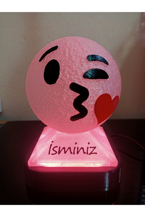 Kişiye Özel Hediyelik Isimli Kalpli Öpücük Emoji Dekoratif Led Lamba - Adaptörlü - Pembe Işıklı