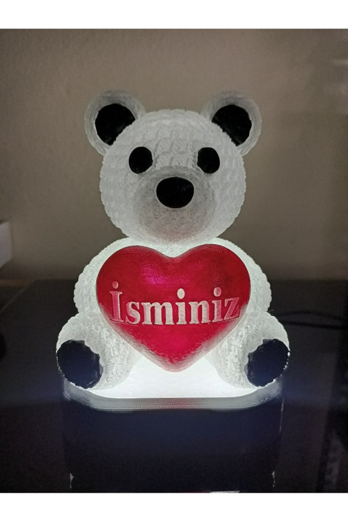 Kişiye Özel Hediyelik Isimli Kalpli Ayıcık Figürlü Dekoratif Led Lamba - Adaptörlü - Beyaz Işıklı