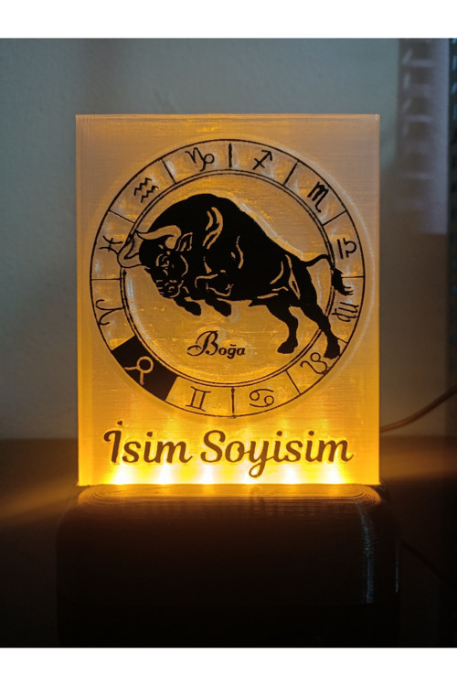 Boğa Burcu Kişiye Özel Isimli Hediyelik Dekoratif Led Lamba - Kablolu Adaptörlü - Amber Işıklı
