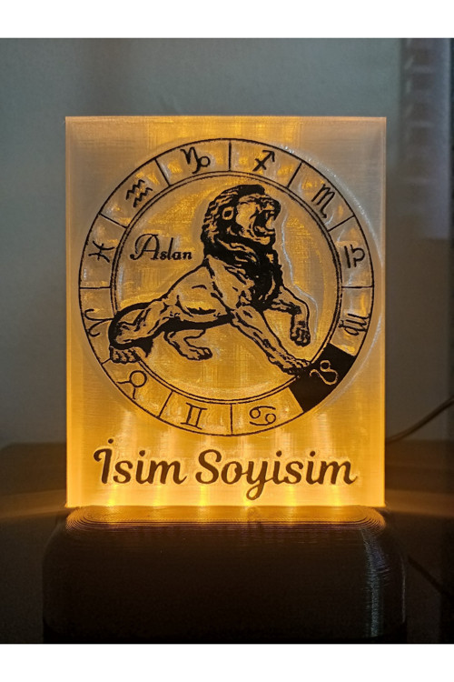 Aslan Burcu Kişiye Özel Isimli Hediyelik Dekoratif Led Lamba - Kablolu Adaptörlü - Amber Işıklı